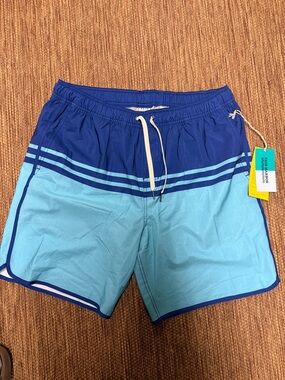 Fair Harbor Two-Tone Blue Swim Trunks with Stripe Accents
